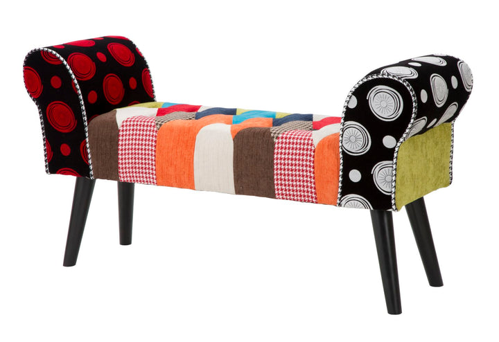 Banco tapizado patchwork – Asiento multicolor para recibidor