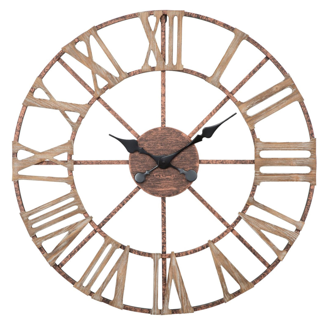 Reloj de pared con números romanos en metal y madera