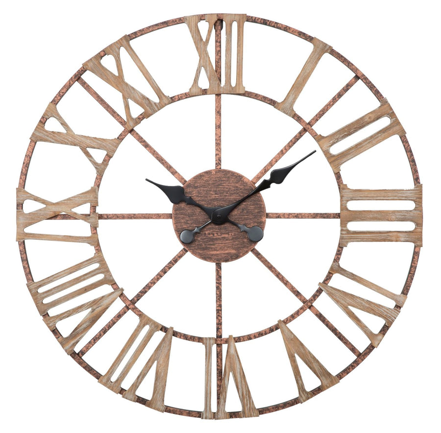 Reloj de pared con números romanos en metal y madera