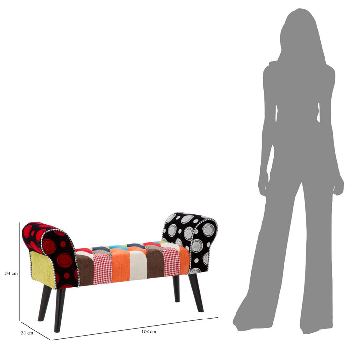 Banco tapizado patchwork – Asiento multicolor para recibidor