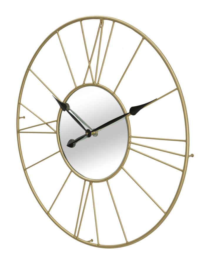 Reloj de pared con números romanos en metal dorado y negro y cristal