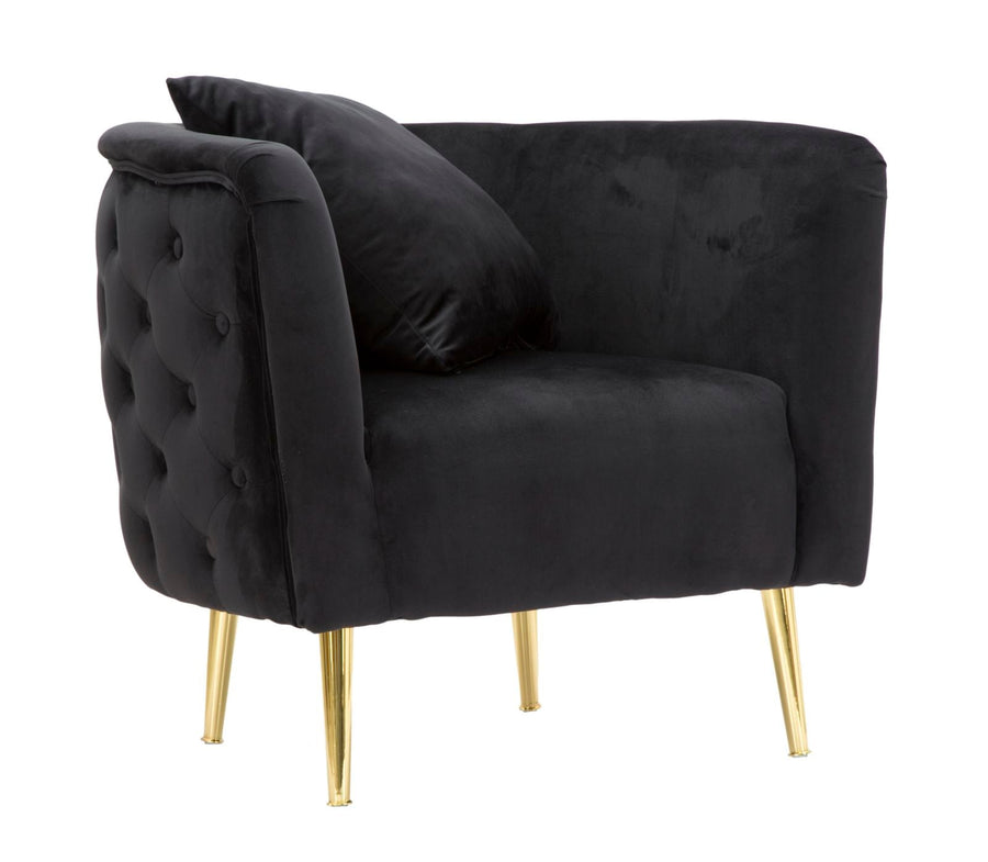Sillón de terciopelo negro con patas de metal dorado