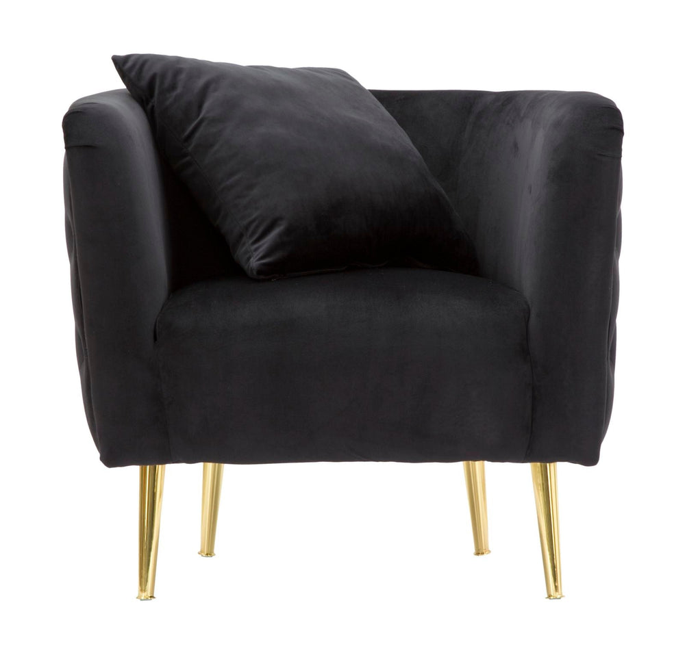 Sillón de terciopelo negro con patas de metal dorado