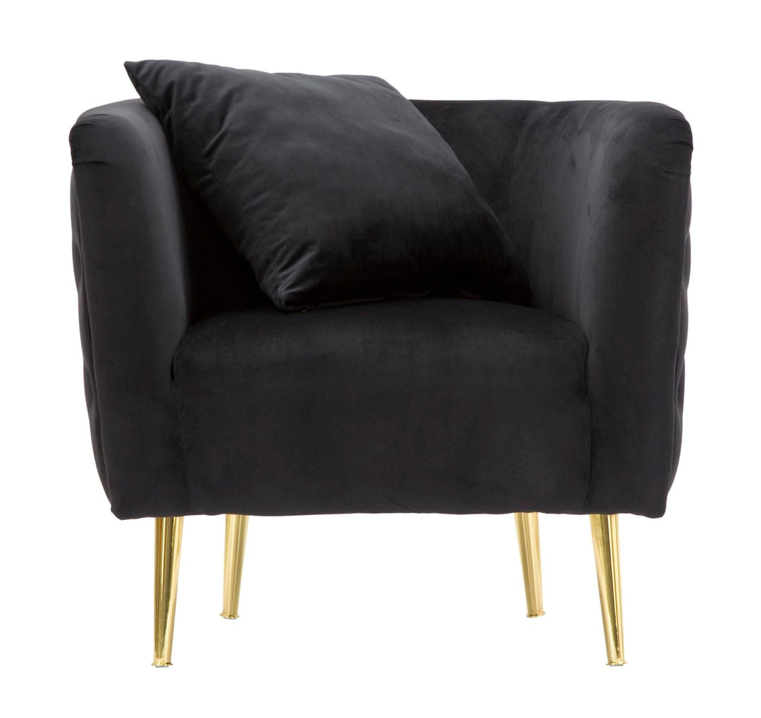 Sillón de terciopelo negro con patas de metal dorado