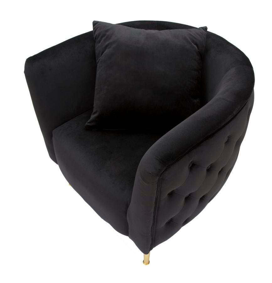 Sillón de terciopelo negro con patas de metal dorado