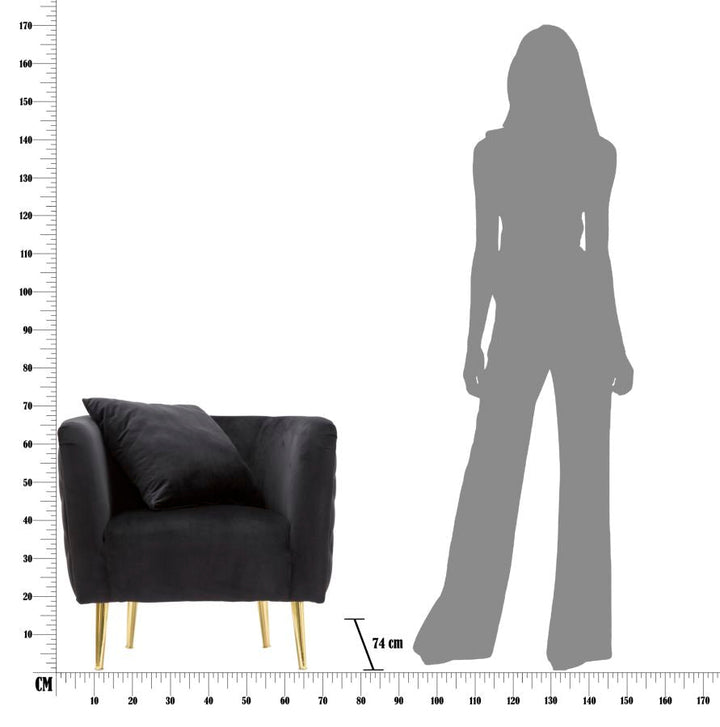 Sillón de terciopelo negro con patas de metal dorado