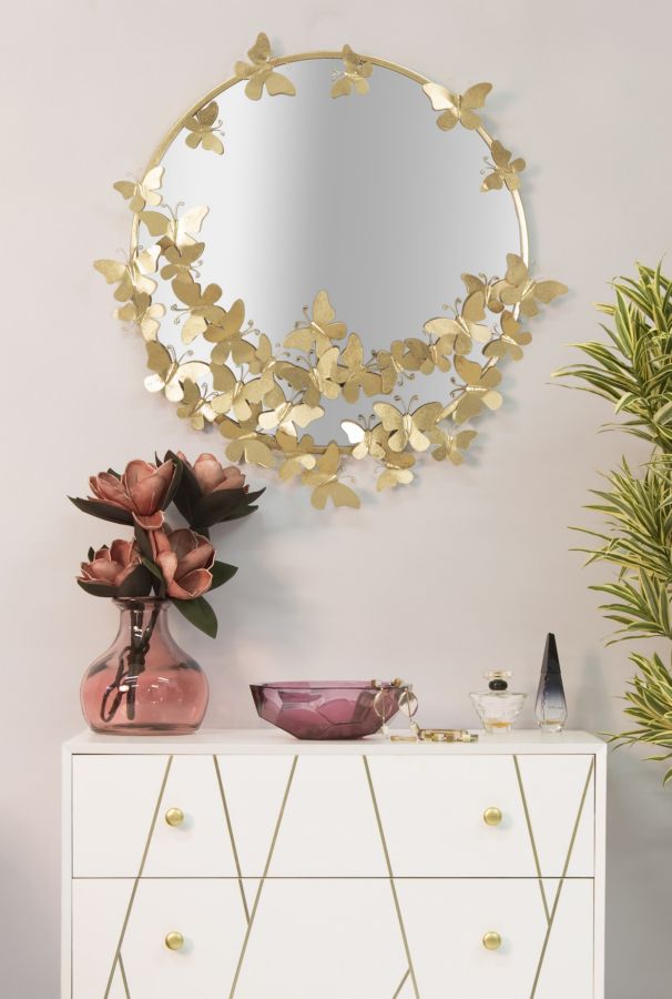 Espejo de Pared Redondo de Metal Dorado con Mariposa