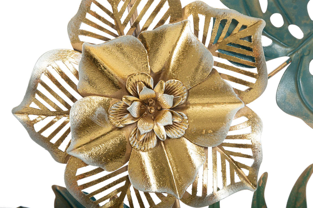 Decoración de pared de metal con hojas y flores tropicales en marco