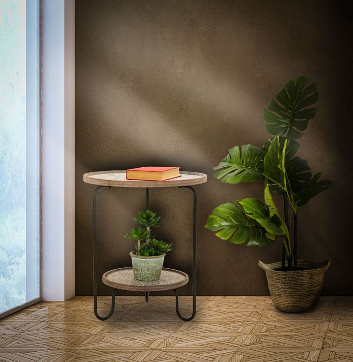 Mesa auxiliar redonda con 2 baldas – Arex mesa de madera y metal