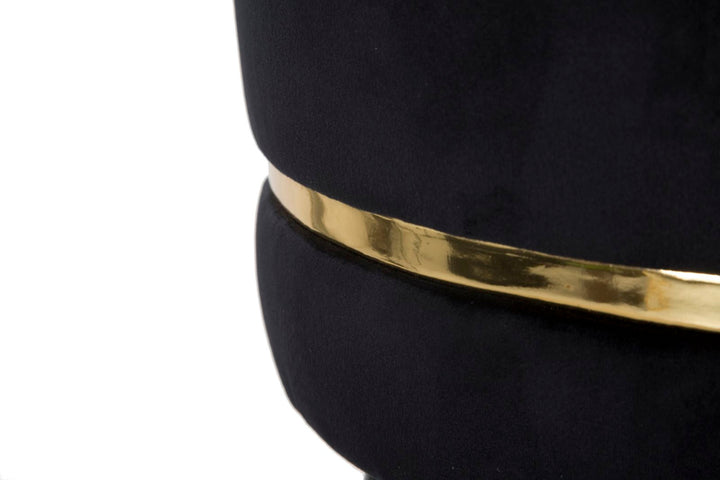 Taburete de terciopelo negro y dorado con patas negras