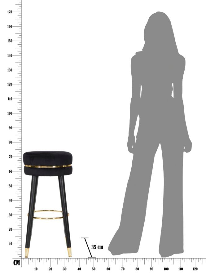 Taburete de terciopelo negro y dorado con patas negras