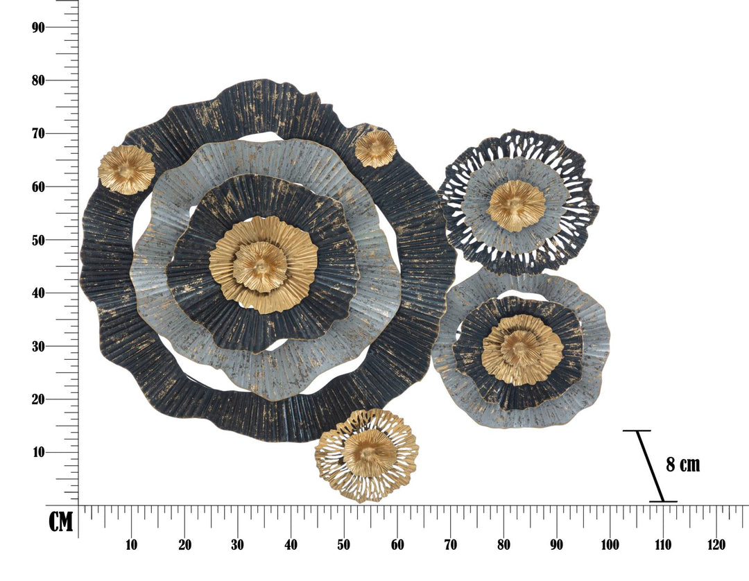 Decoración de pared con flores doradas, negras y grises