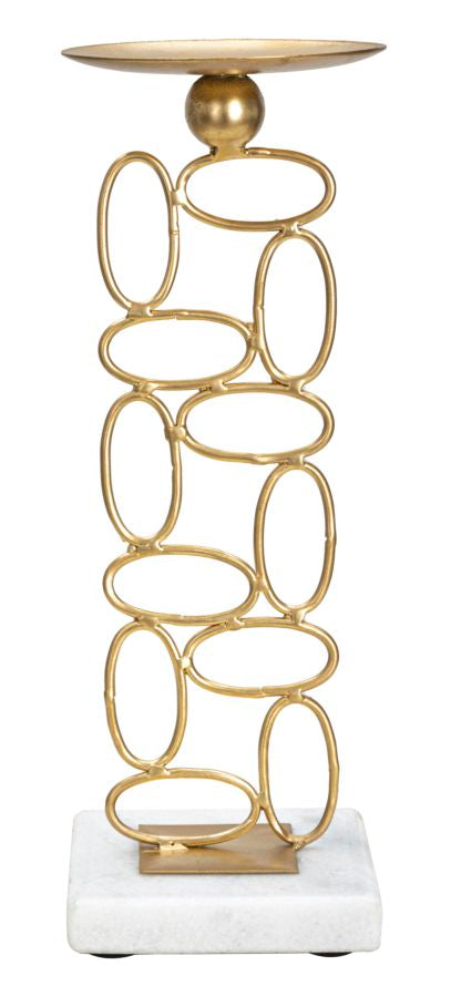 Portavelas Geométrico de Metal Dorado sobre Base de Mármol Blanco