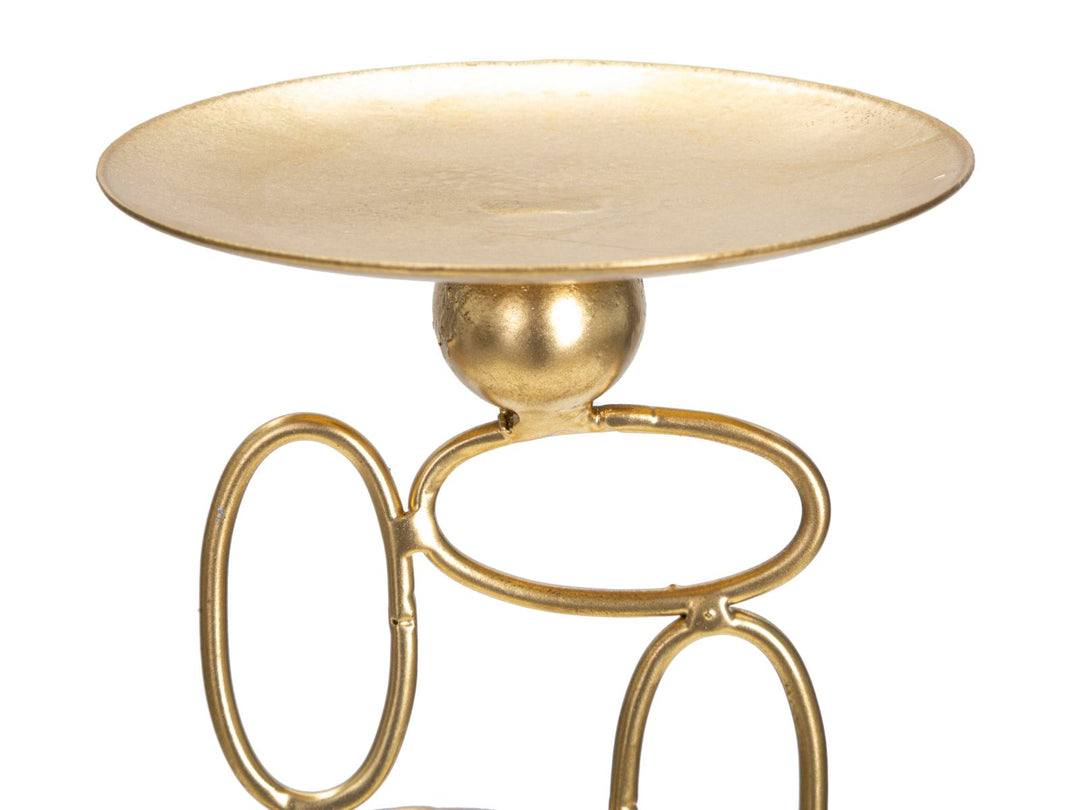 Portavelas Geométrico de Metal Dorado sobre Base de Mármol Blanco