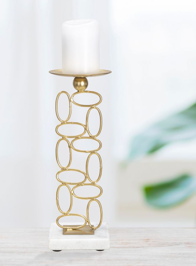 Portavelas Geométrico de Metal Dorado sobre Base de Mármol Blanco