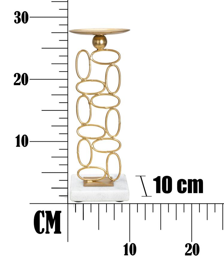 Portavelas Geométrico de Metal Dorado sobre Base de Mármol Blanco