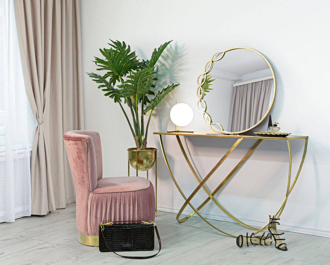 Mesa consola de cristal con base de metal dorado – Mesa de recibidor moderna