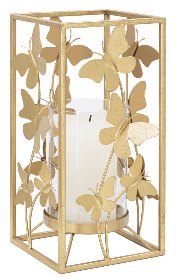 Portavelas Cuadrado Mariposa de Metal Dorado