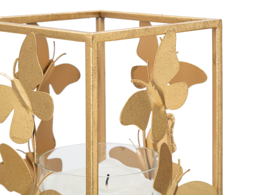 Portavelas Cuadrado Mariposa de Metal Dorado