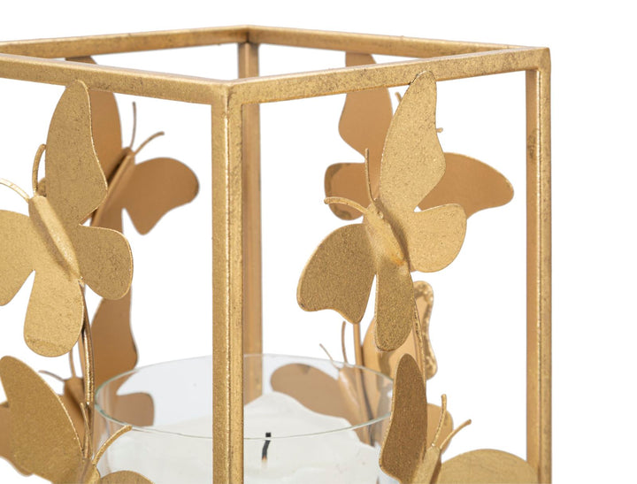 Portavelas Cuadrado Mariposa de Metal Dorado