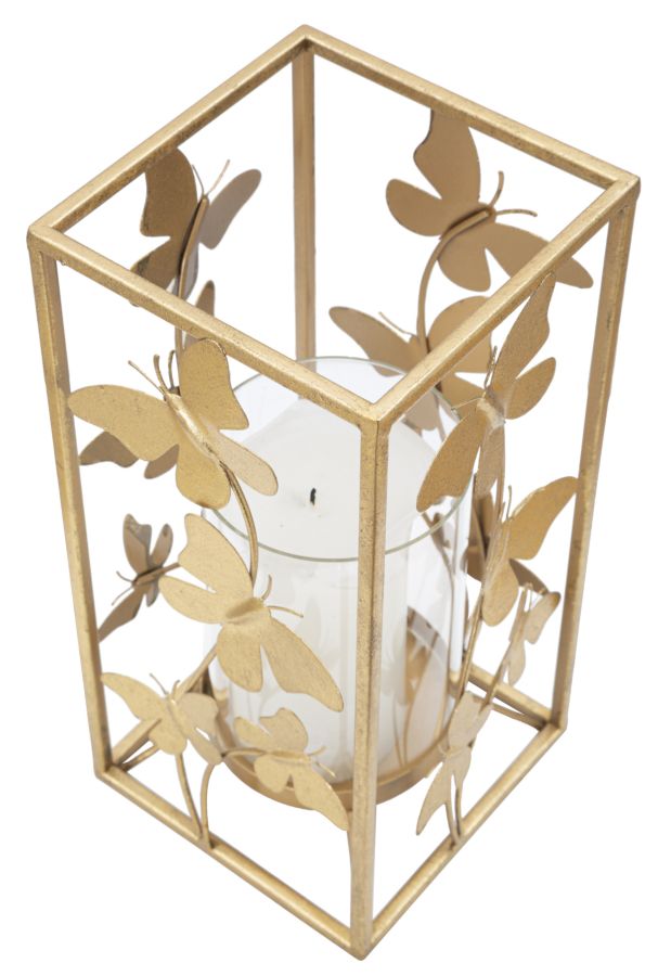 Portavelas Cuadrado Mariposa de Metal Dorado