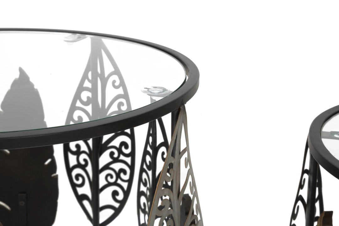 Juego de 2 Mesitas de Metal y Cristal con Diseño de Hojas