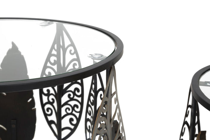 Juego de 2 Mesitas de Metal y Cristal con Diseño de Hojas