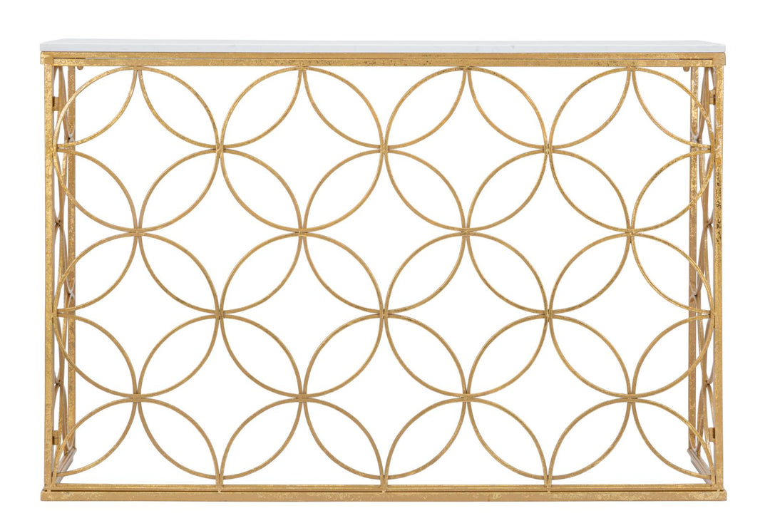 Mesa Consola Geométrica de Metal Dorado con Tapa de Mármol