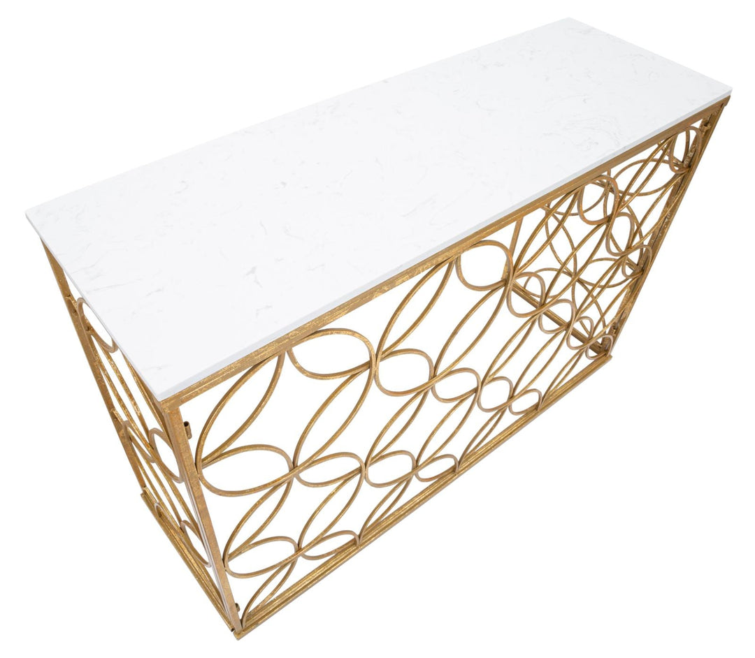 Mesa Consola Geométrica de Metal Dorado con Tapa de Mármol