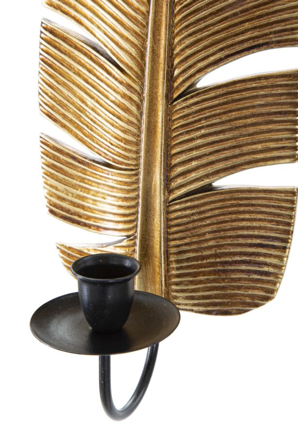 Portavelas Hoja de Palma de Metal Dorado