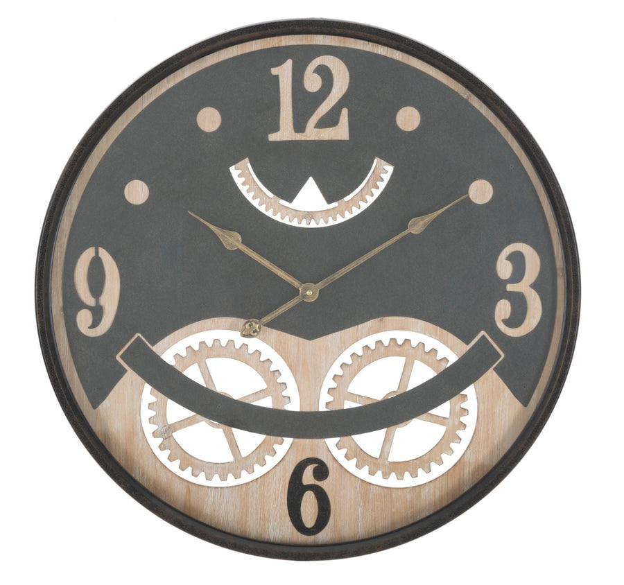 Reloj de Pared con Diseño de Búho en Madera y Metal Negro