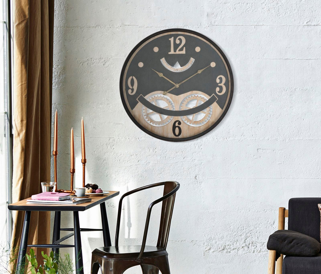 Reloj de Pared con Diseño de Búho en Madera y Metal Negro