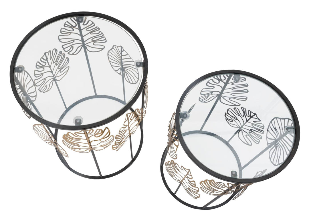 Pareja de Mesitas de Metal Negro y Cristal con Diseño de Hojas