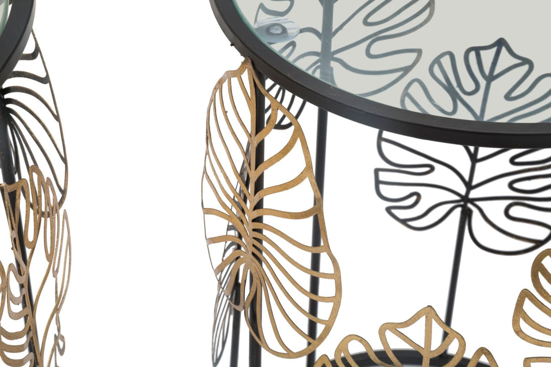 Pareja de Mesitas de Metal Negro y Cristal con Diseño de Hojas