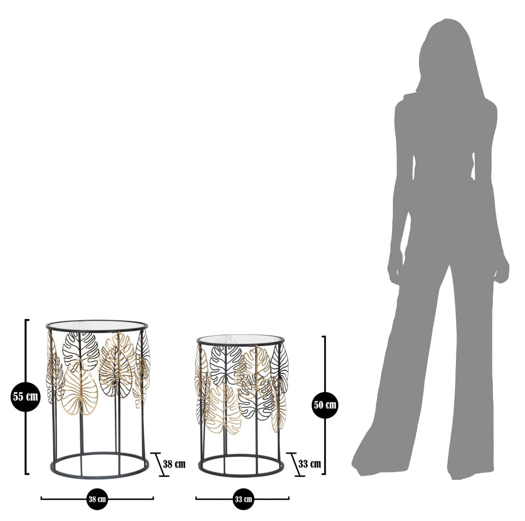 Pareja de Mesitas de Metal Negro y Cristal con Diseño de Hojas