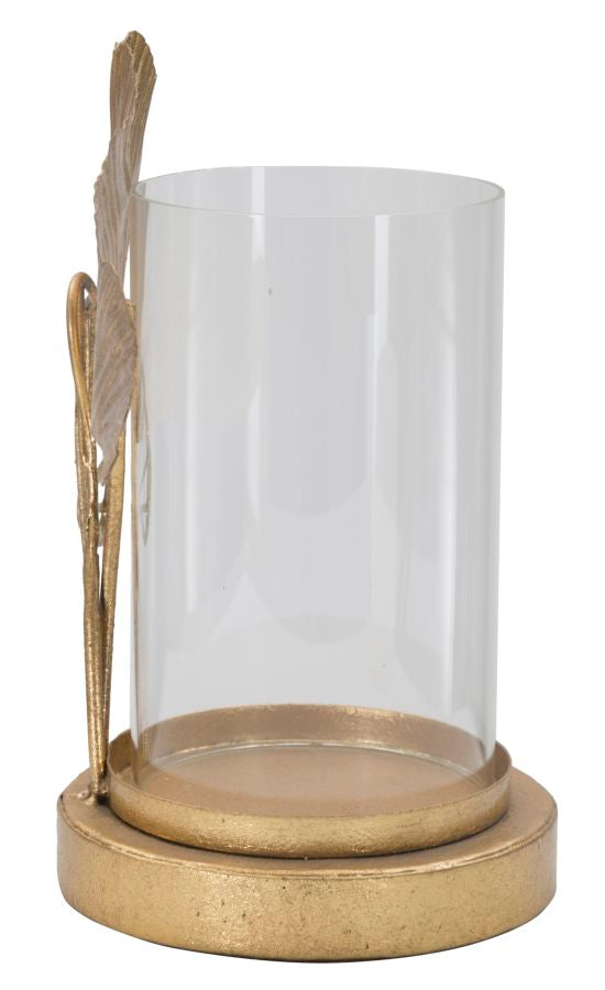 Portavelas de Metal Dorado y Vidrio en Forma de Hoja