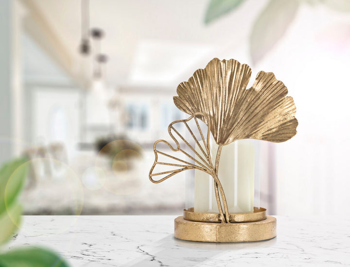 Portavelas de Metal Dorado y Vidrio en Forma de Hoja