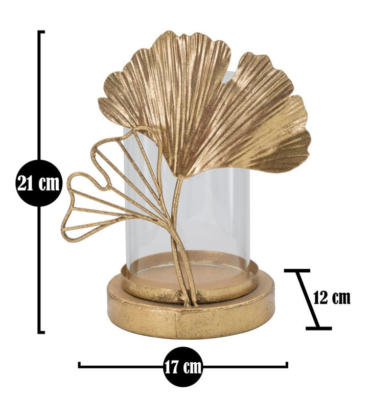Portavelas de Metal Dorado y Vidrio en Forma de Hoja