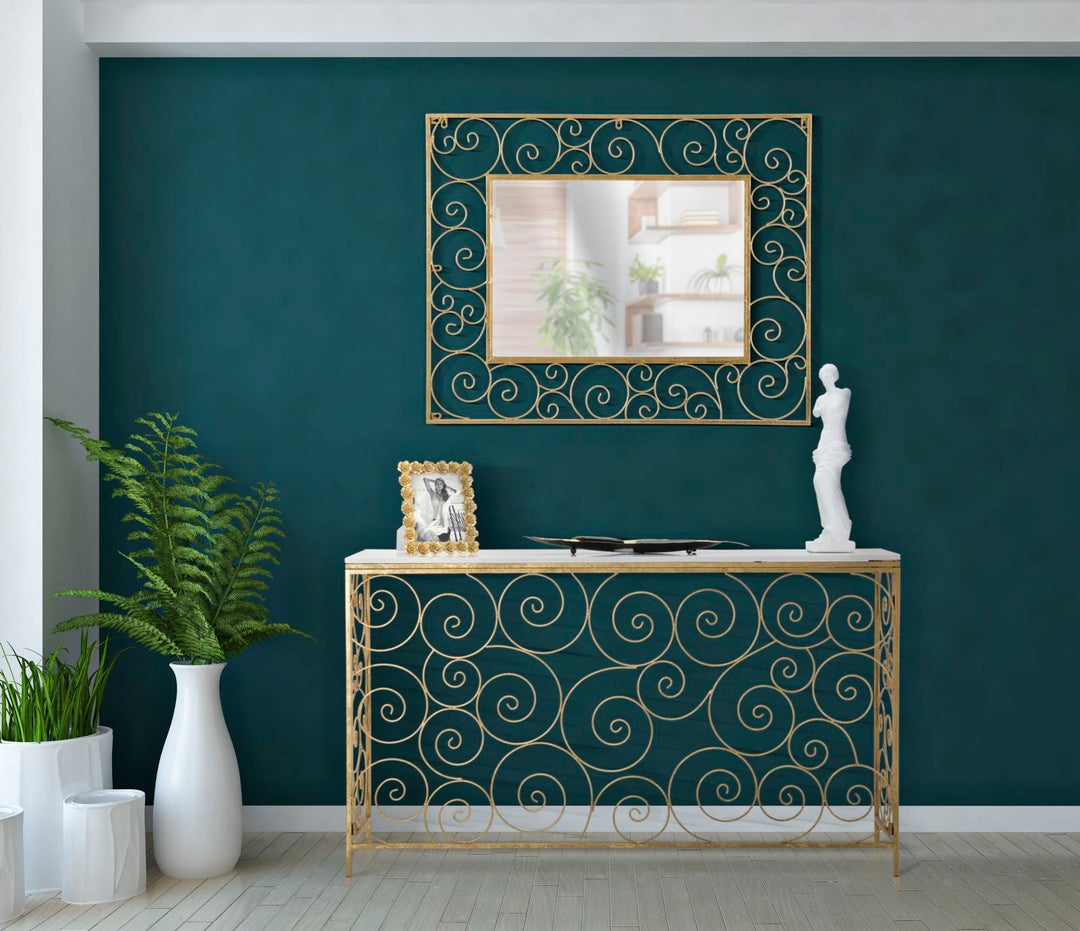 Mesa Consola Espiral de Metal Dorado con Tapa de Mármol