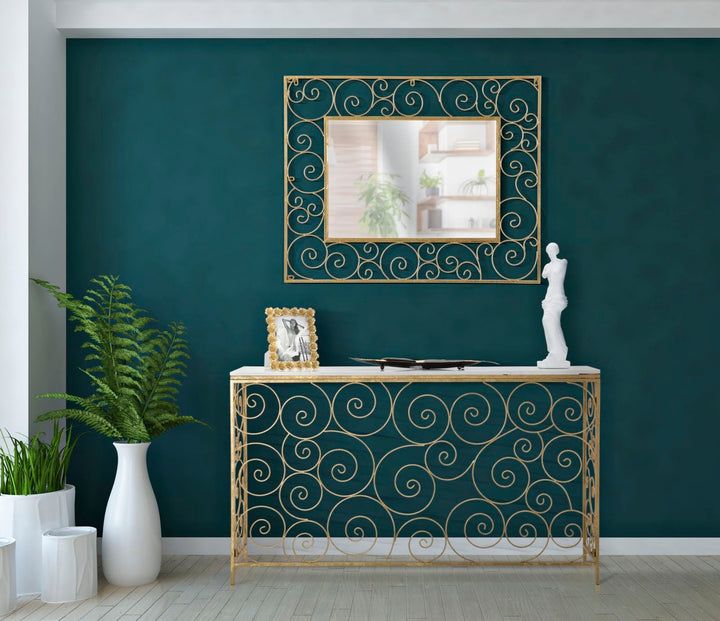 Mesa Consola Espiral de Metal Dorado con Tapa de Mármol