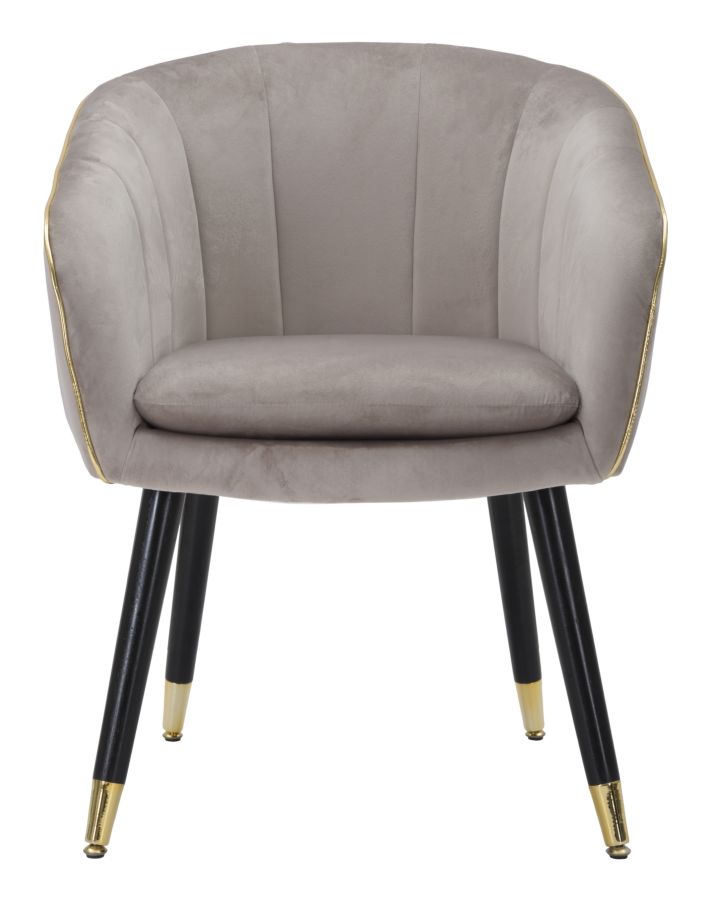 Sillón Tapizado Gris con Patas de Madera Negras y Detalles Dorados