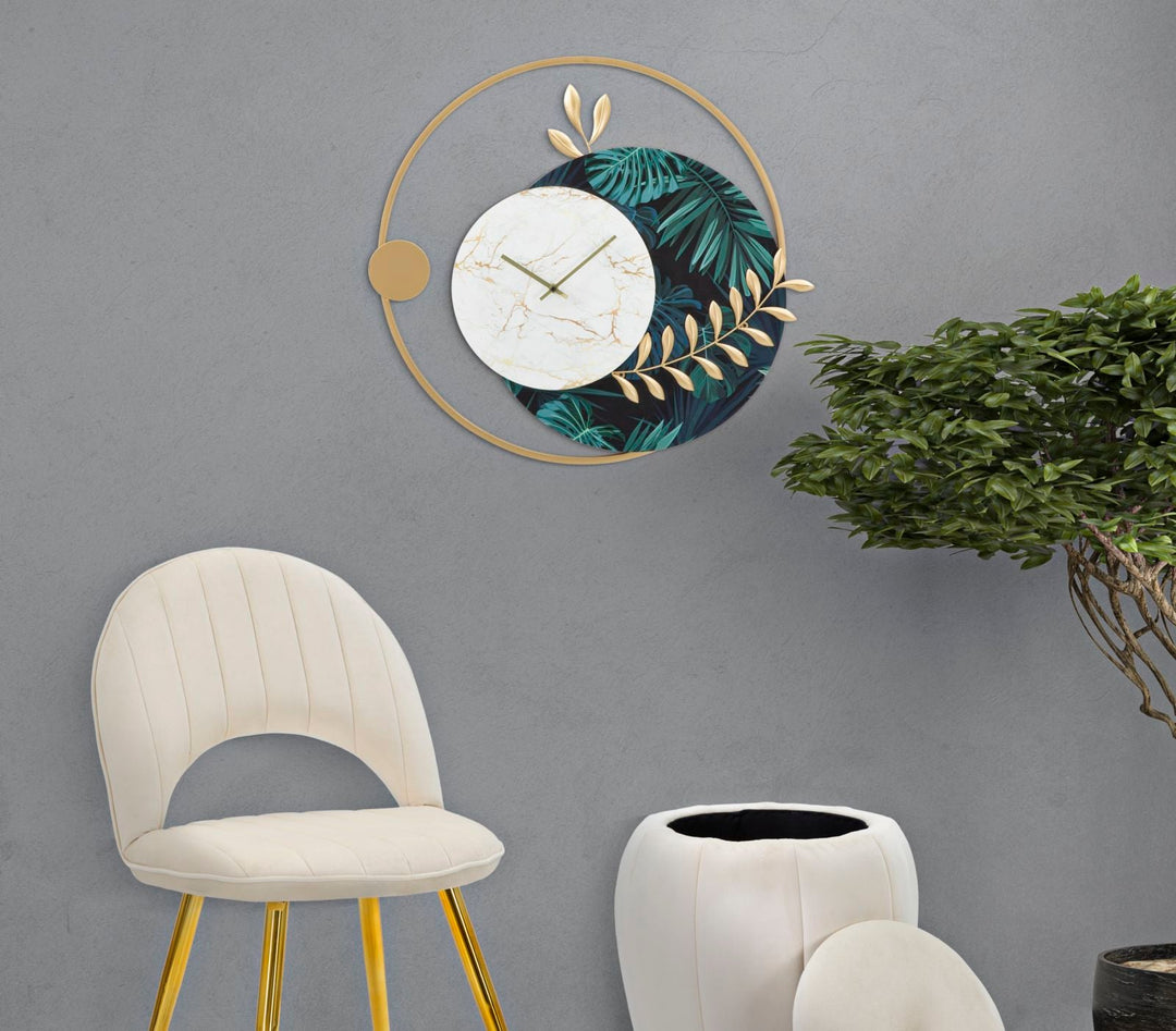Elegante Reloj de Pared Geométrico con Diseño de Mármol y Hojas