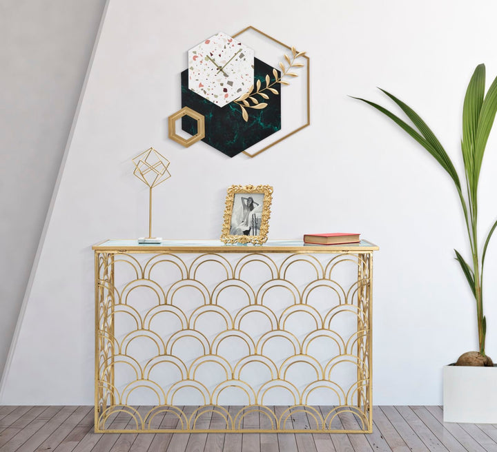 Elegante Reloj de Pared Geométrico con Diseño de Mármol y Hojas