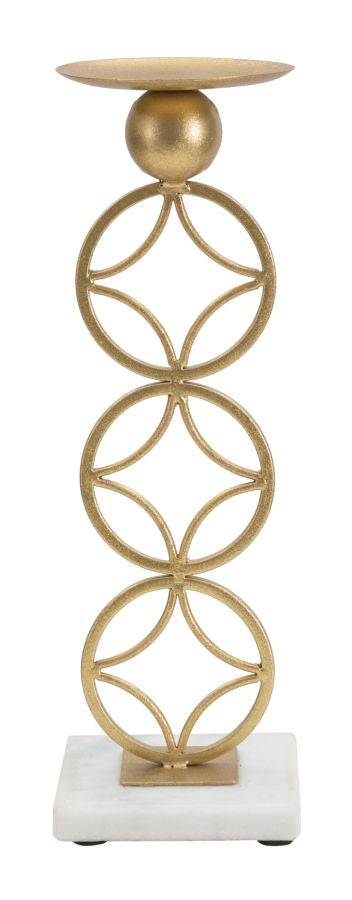 Portavelas Geométrico de Metal Dorado sobre Base de Mármol Blanco