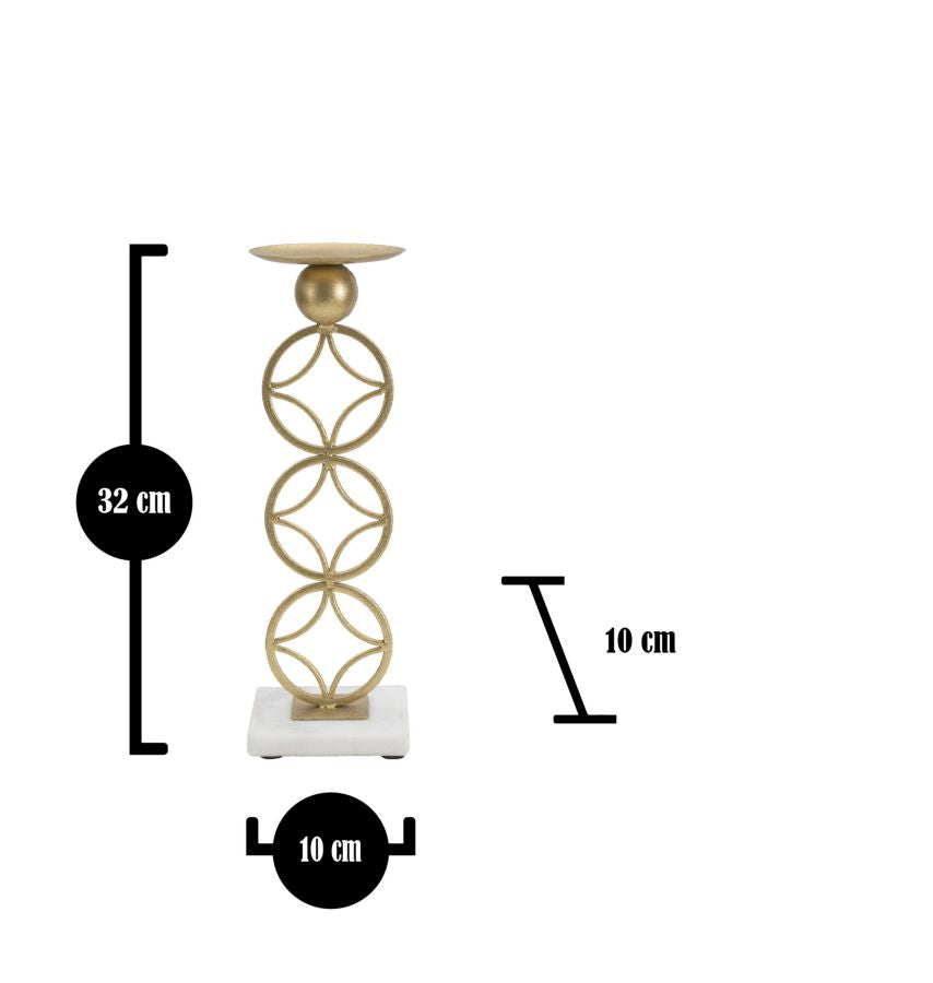 Portavelas Geométrico de Metal Dorado sobre Base de Mármol Blanco
