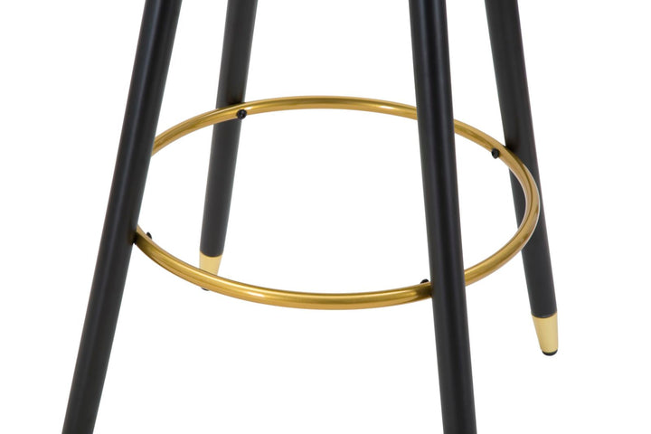 Taburete de terciopelo negro con patas de madera negra y detalles dorados