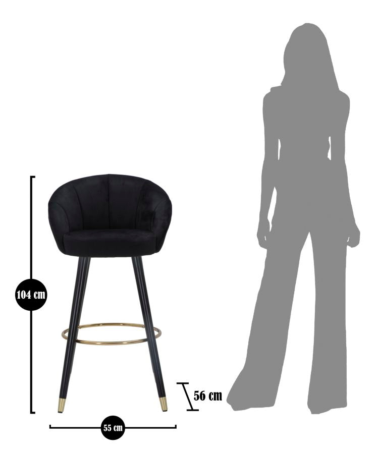 Taburete de terciopelo negro con patas de madera negra y detalles dorados