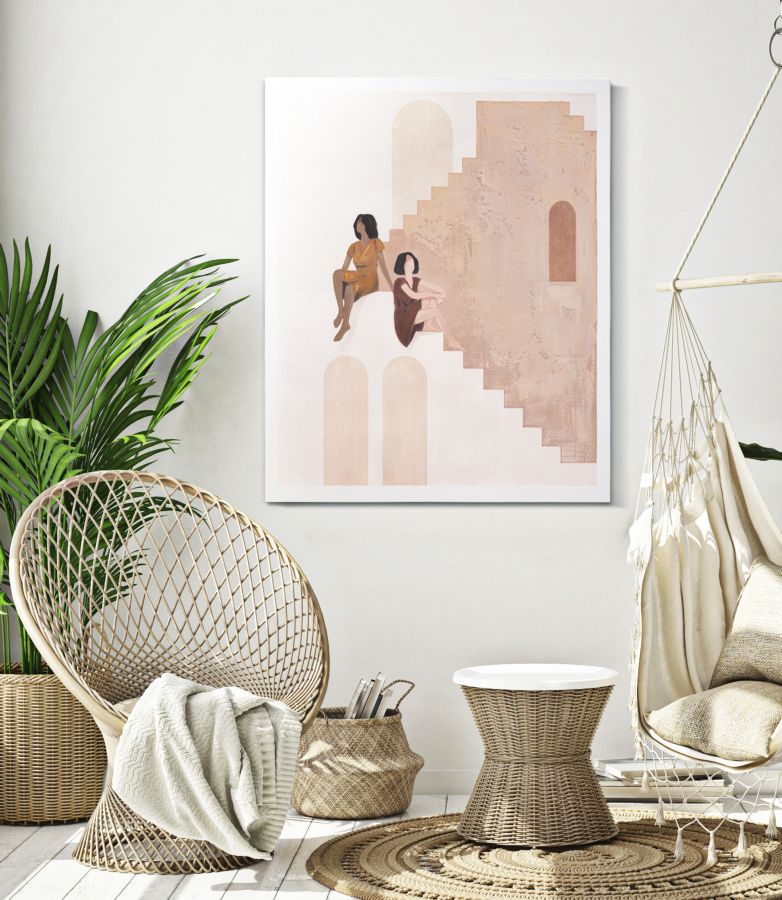 Pintura Abstracta Bohemia Moderna Marrón Mujeres en Escalera