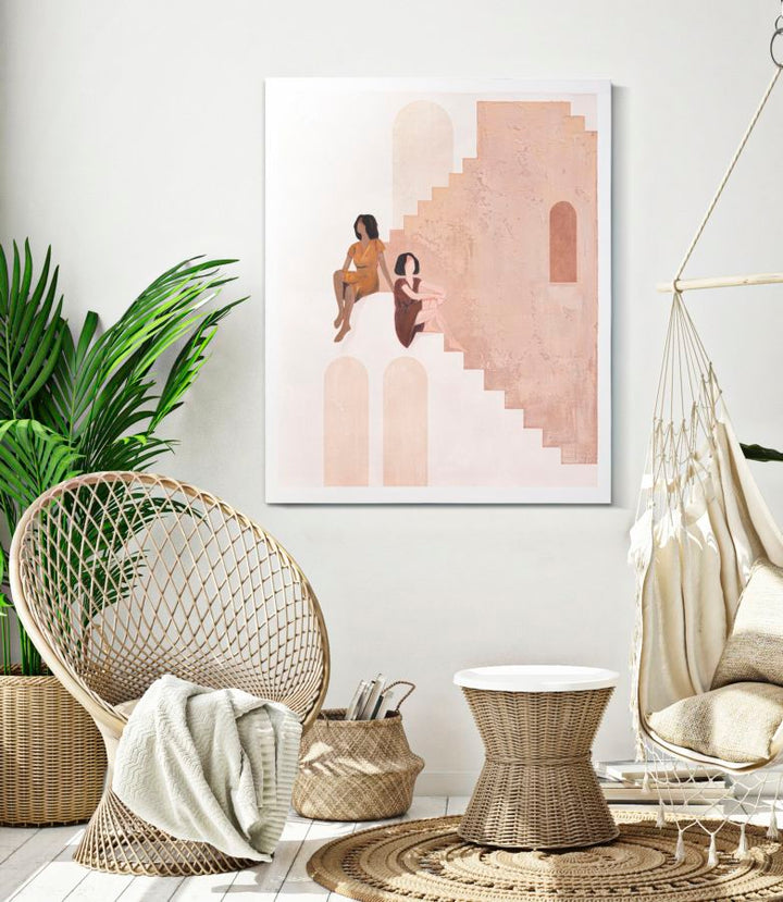 Pintura Abstracta Bohemia Moderna Marrón Mujeres en Escalera