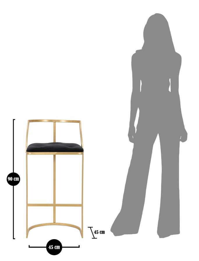 Taburete de terciopelo negro con patas de metal dorado